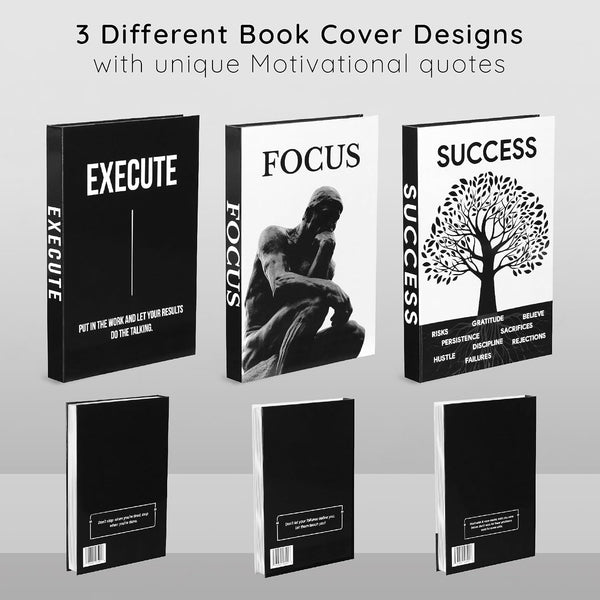 Motivational Decorative Books Set of 3 - Faux Books for Home Office Decor | Black White Fake Books for Decoration with Magnetic Hidden Storage Box for Office Desk, Coffee Table, Bookshelf, Tv Stand3