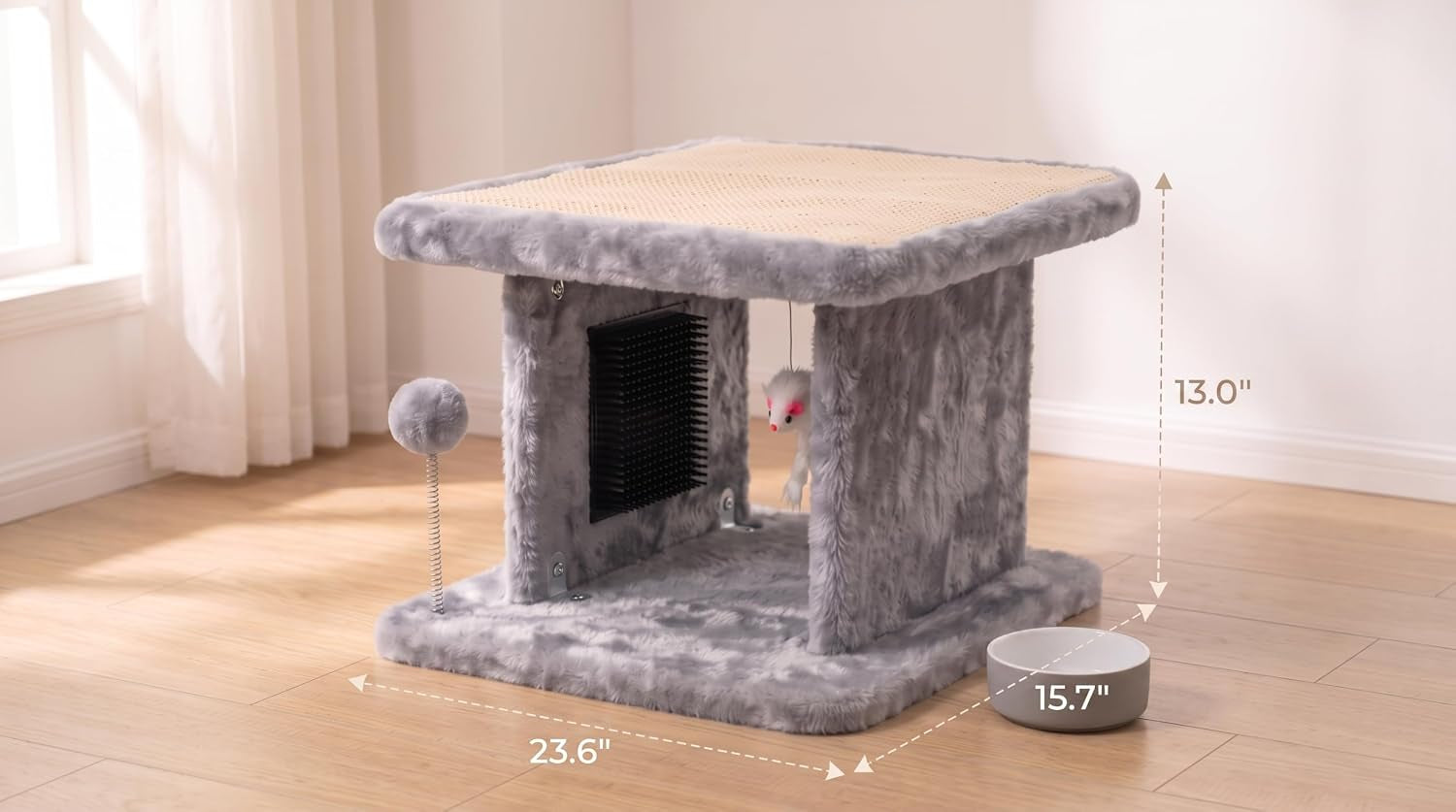 large-cat-bed-with-scratching-post-and-combing-board-sturdy-and-durable-ideal-for-small-breeds-large-plush-cat-tunnel-with-a-removable-sisal-scratch-pad-grooming-brush-hanging-toys-and-spacious-hideaway-for-cats