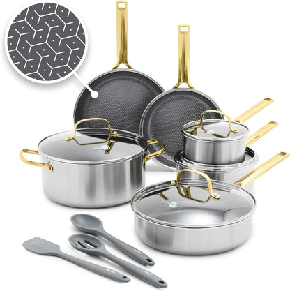 Hybrid APEX 13 Piece Stainless Steel Ceramic Nonstick Cookware Set | Tri-Ply Pots & Pans, Pfas-Free Thermobond Nonstick, Induction & All Stovetop Compatible, Dishwasher & Oven Safe to 850F, Gold1