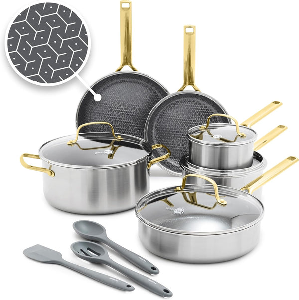 Hybrid APEX 13 Piece Stainless Steel Ceramic Nonstick Cookware Set | Tri-Ply Pots & Pans, Pfas-Free Thermobond Nonstick, Induction & All Stovetop Compatible, Dishwasher & Oven Safe to 850F, Gold1