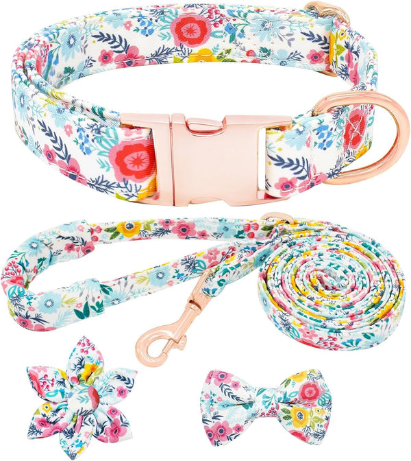 Dog Collar and Leash Set Girls Adjustable Puppy Collars with Floral Bow Tie for Small Medium Large Female Dogs, Orange Flower, S11