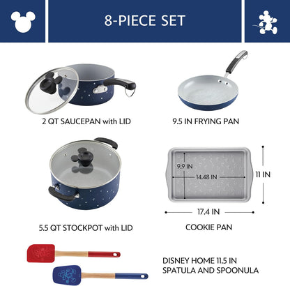 Disney Bon Voyage Ceramic Nonstick Pots and Pans Set with Baking Sheet/Cookie Pan and Disney Home Kitchen Tools, 8 Piece Non Stick Cookware Set - Blue3
