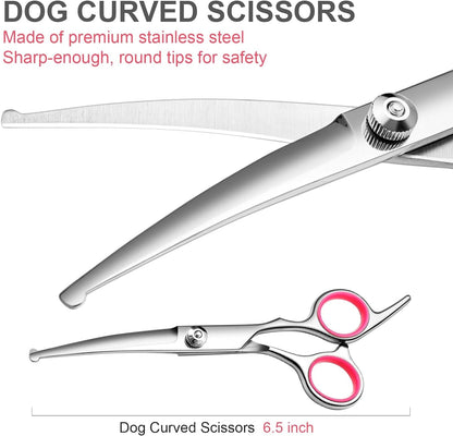 Dog Grooming Scissors Kit, Premium Stainless Steel Dog Shears with Curved Shears, Sharp Durable for Dogs Cats+Pink 3 Piece3