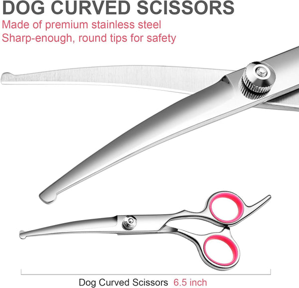 Dog Grooming Scissors Kit, Premium Stainless Steel Dog Shears with Curved Shears, Sharp Durable for Dogs Cats+Pink 3 Piece3