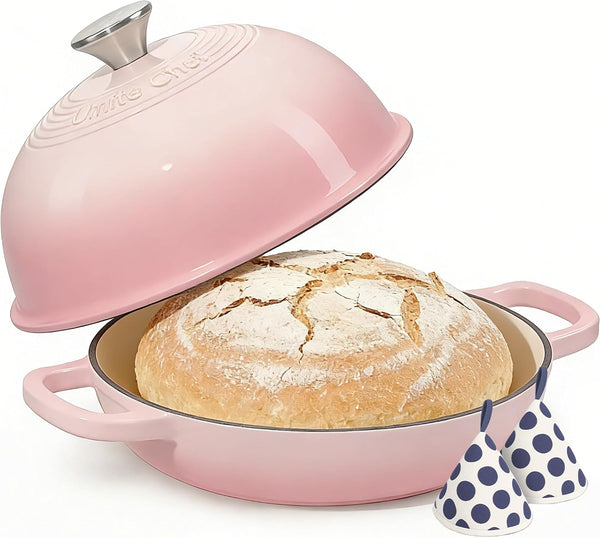 Cast Iron Dutch Oven Pot with Lid, round Bread Oven for Sourdough Bread Baking,  Enameled Cast Iron Bread Oven with Dome Lid & Cotton Potholders for Sourdough, Pink, 6 Quarts1