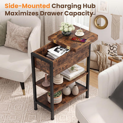 End Table with Charging Station, Flip Top Side Table with USB Ports and Outlets, 3-Tier Small Side Table with Storage for Small Space, End Tables for Living Room/Bedroom, Rustic Brown7