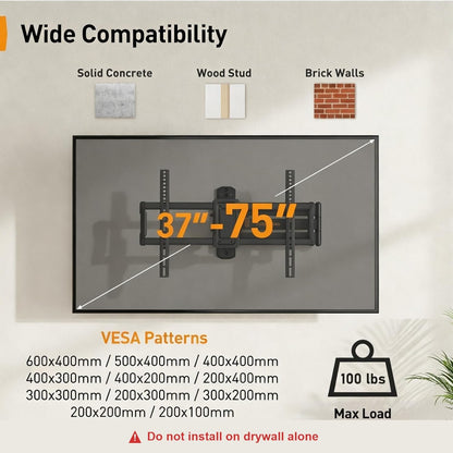 Corner TV Wall Mount Long Arm TV Mount Bracket for 37-75 Inch Tvs | Full Motion Wall Mount with 32.37” Extension & Swivel Articulating Arm & Tilt, MAX VESA 600X400Mm, Holds up to 100 Lbs2