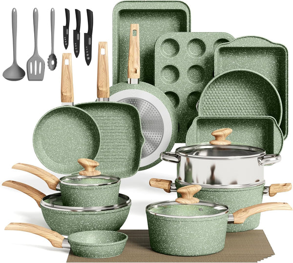 30 Piece Pots and Pans Set, Kitchen Cookware Sets Non Stick | Induction Compatible, PFOA & PFOS Free, Bakeware Sets with Baking Tray, Frying Pan and Saucepan, Green1