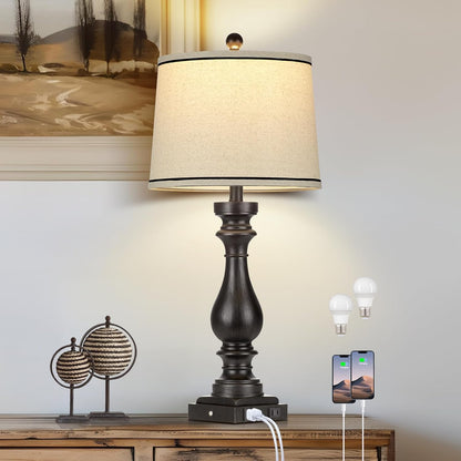 Table Lamps for Living Room,Vintage Bedside Nightstand Bedroom Lamp,Single | USB C+A Ports & AC Outlet,3-Way Dimmable Touch Control,Black,Farmhouse,Retro,29" Tall1