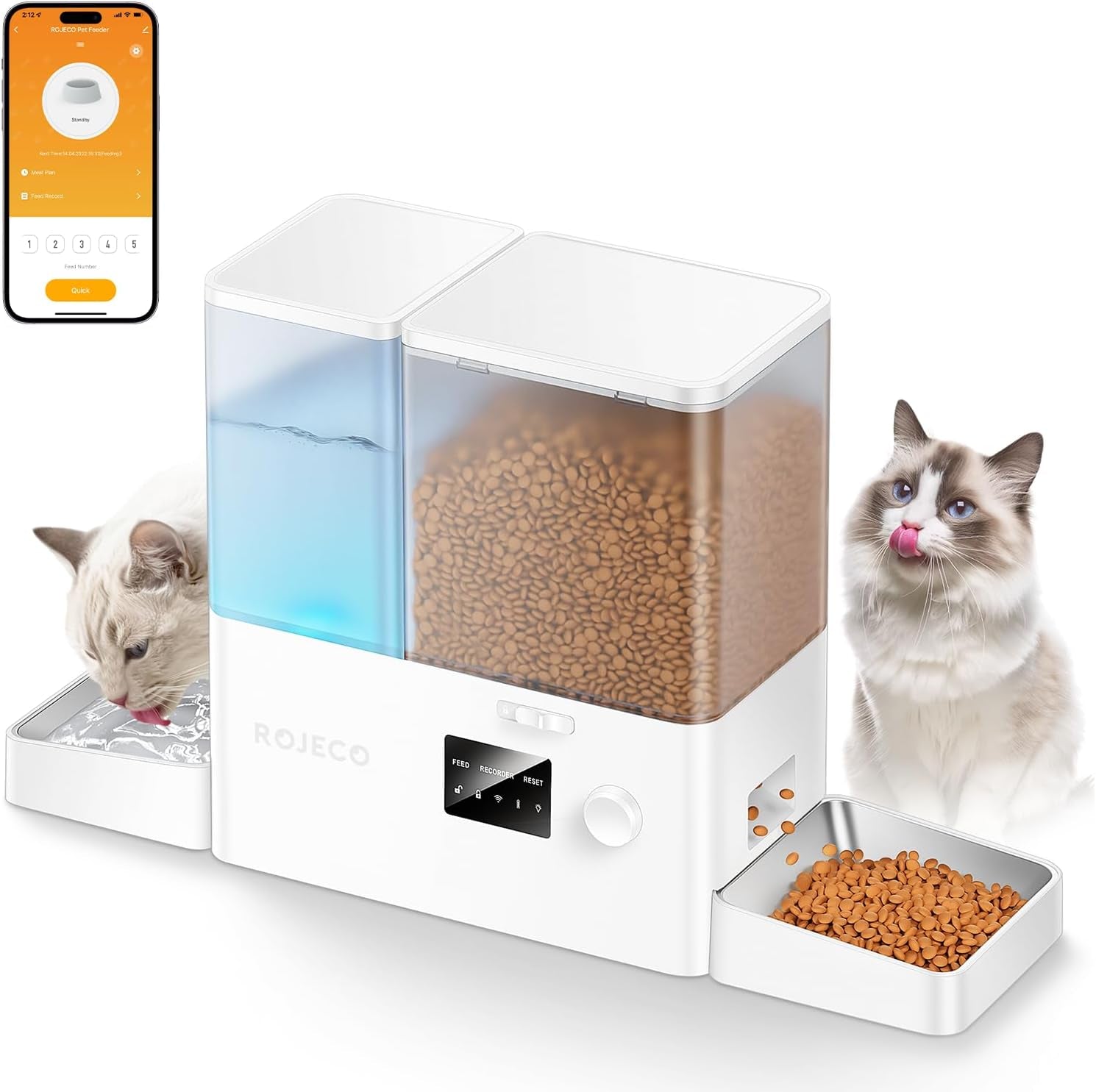 rojeco-36cups-8-5l-pet-automatic-cat-feeder-and-gravity-water-dispenser-stainless-steel-bowls-2-in-1-set-large-capacity-5l-food-feeder-and-3-5l-water-fountain-for-cats-pets-small-dogs-black