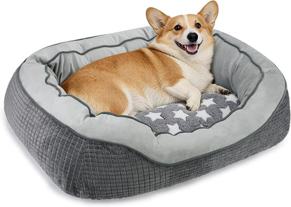 Washable Dog Bed for Small Medium Sized Dogs, Rectangle Small Puppy Cat Dog Beds, Orthopedic Pet Bed, Soft Breathable Calming Pet Sofa Bed Anti-Anxiety with Anti-Slip Buttom, S(20"X19"X6")14