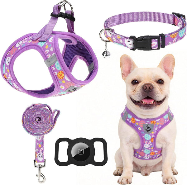 EXPAWLORER Plaid Small Dog Harness and Leash Set with Airtag Holder - No Pull Soft Padded Step in Dog Vest Harness Medium Sized Dog, Reflective Puppy Harness, Collar and Leash for Walking, Khaki S22
