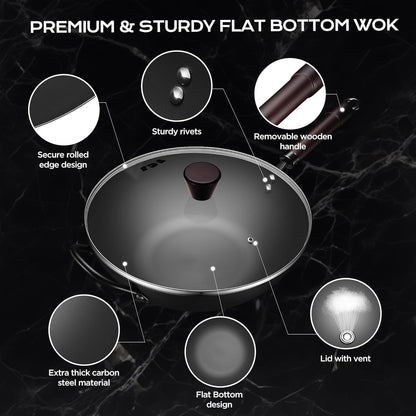 Wok, 13 Inch Carbon Steel Woks & Stir-Fry Pans Nonstick Roasting Pan | Pre-Seasoned 5.8QT Flat Bottom Chinese Wok Roasting Pan with Lid,Pfoa/Ptfe Free Cookware Compatible with All Cooktops6