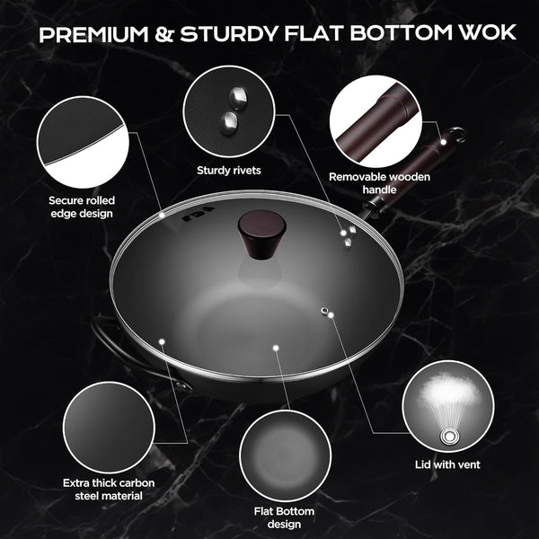 Wok, 13 Inch Carbon Steel Woks & Stir-Fry Pans Nonstick Roasting Pan | Pre-Seasoned 5.8QT Flat Bottom Chinese Wok Roasting Pan with Lid,Pfoa/Ptfe Free Cookware Compatible with All Cooktops6