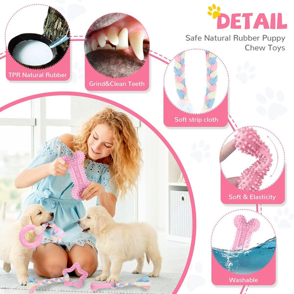 BAEJMJK 6 Pack Puppy Teething Toys Pink Small Breed Dog Chew Toys with Rope Cute Soft Rubber Puppy Toys Set for Cleaning Teeth Interactive Pet Doggy Bone Toys2