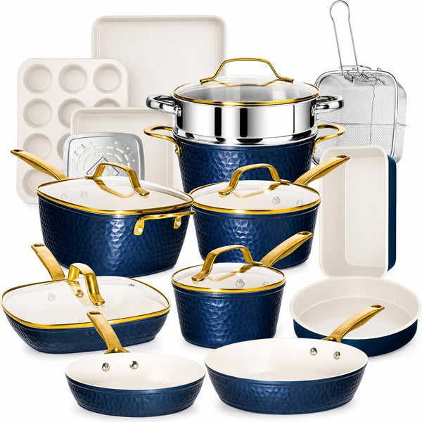 HAMMERED 20 Pc Pots and Pans Set Non Stick Ceramic Cookware | Deep Frying Pan & Bakeware Set Included, Heavy Duty 3.0MM Gauge, Non Toxic PFOA/PTFE Free, Induction, Oven & Dishwasher Safe1