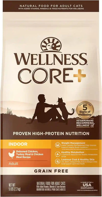 Wellness CORE+ Adult Dry Cat Food for Indoor Cats, Natural, Grain Free Kibble, Chicken, Turkey and Chicken Meal Recipe, 5 Lb Bag1