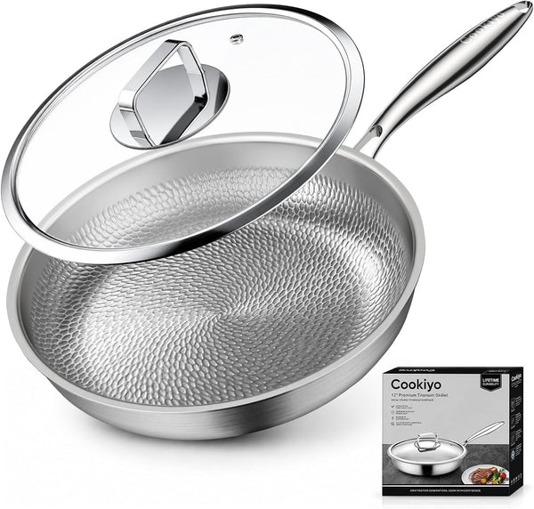 12" Titanium Pans for Cooking with Lid Hammered Chef-Grade Skillet | No Coating & Pfas-Free Healthy Cookware, Durable Non-Toxic Pan, Induction Compatible, Dishwasher & Oven Safe1