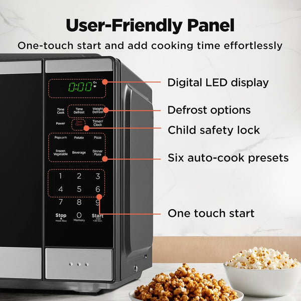 BLACK+DECKER Countertop Microwave Oven 0.9 Cu Ft, 6 Auto Menus, Child Lock, Memory Function, 10 Power Levels, Easy One-Touch Start, Digital Panel, 900W4