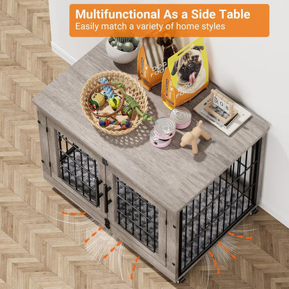 Medium Dog Crate Furniture, 32'' Heavy Duty Kennel W/Cushion & Wheels | Grey, Double Doors, Wooden Dog Cage, Chew-Resistant, End Table, Decorative, 27"/32"/38"/44" Options, Indoor5