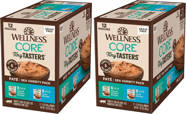 Wellness CORE Tiny Tasters Pate Variety Pack Adult Wet Cat Food, Natural, Protein Rich, Grain Free, Land Recipes, 1.75 Oz, Pack of 12 Pouches12