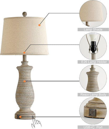 Farmhouse Table Lamps for Living Room Set of 2, Touch Lamps for Nightstand with Dual USB Charging Port, Bedside Table Lamp for Bedroom, 2 Bulb Included6