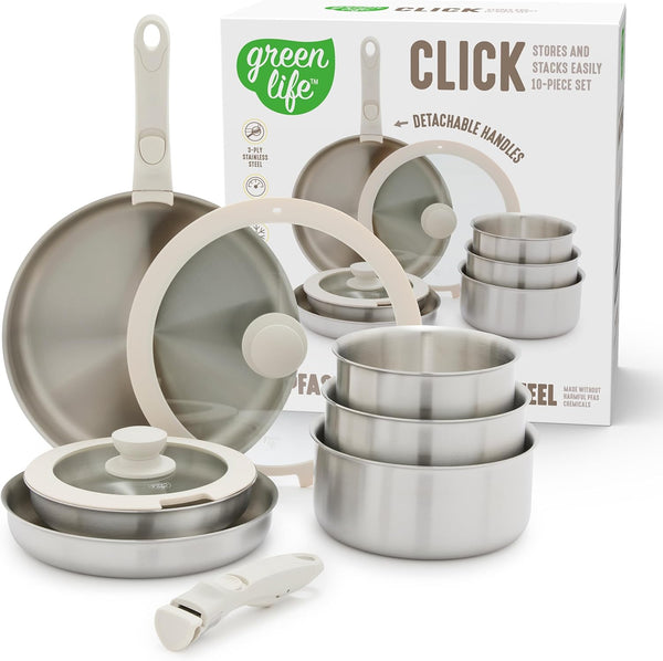10 Piece Stainless Steel Pots and Pans, Detachable & Stackable Kitchen Set, Tri Ply Clad PFAS Free Cookware, Space Saving with Removable Handle, Induction & Oven Safe, RV Cookware, Glass Lid1