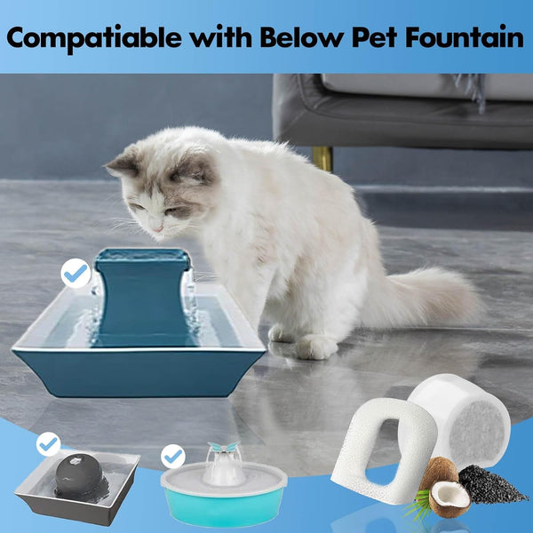 16 Pack Cat Water Fountain Filters Replacement, 8 Carbon Filters and 8 Foam Sponge Pre-Filter Fit for Multiple Ceramic and Stainless Steel Pet Fountains3