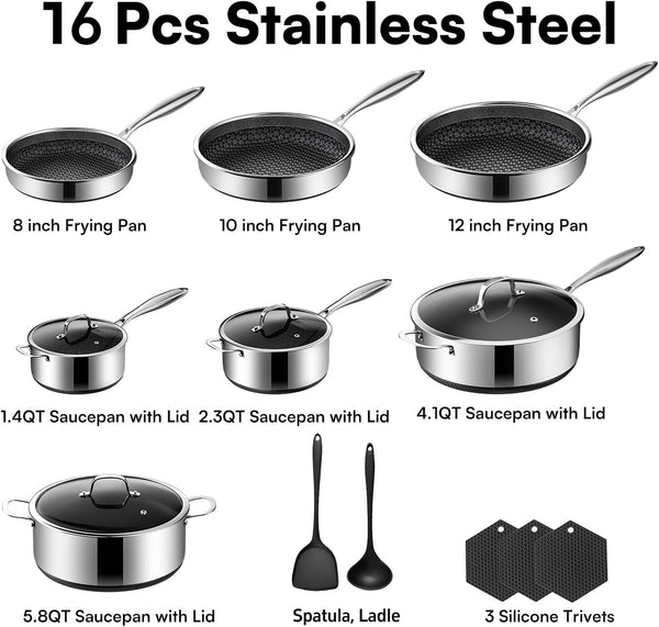 16-Piece 5 Ply Stainless Steel Cookware Set with Lids, Pots and Pans Set Non Stick, Non-Toxic, for Induction, Oven, Dishwasher Safe, RV Essentials, Kitchen Appliances2