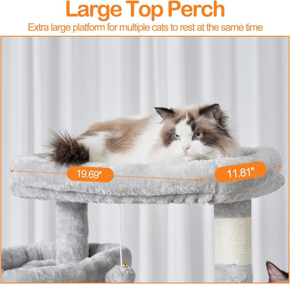 Heybly Cat Tree, 71-Inch-Tall Tower for Indoor Cats with 2 Perches HCT034W | Large Cat Furniture with 2 Big Condos, 2 Hammocks, Basket, Scratching Pad, Multi-Level Cat Condo, Light Gray4