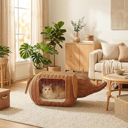 MUTTROS Elephant-Shaped Cat Condo Bed for Indoor Cats, Woven Cat House with Thick Plush Cushion for Large Cats and Kittens, Sturdy Pet Hideaway for Small Dogs and Rabbits, 35 X 12 X 13 Inches1