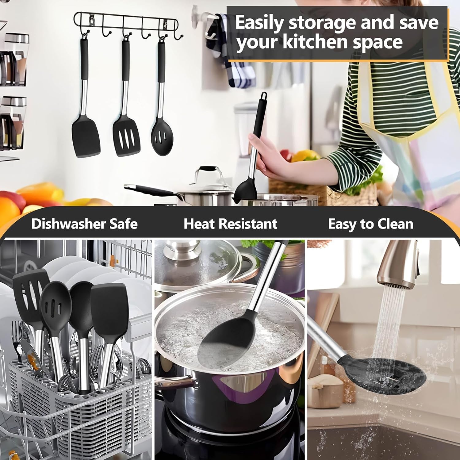 black-kitchen-cooking-utensil-set-of-4-slicone-head-steel-body-silicone-solid-spatulas-slotted-spoons-turners-for-non-stick-cookware-flipping-mixing-heat-proof
