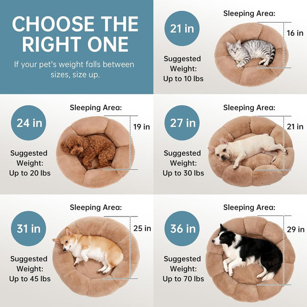 Ohgeni 31 Inches Calming Donut Orthopedic Dog & Cat Bed for Medium Pets, Warming Comfort Fluffy Short Pile Fur, Durable Waterproof Machine Washable Removable Cover, Cute round Bed for Puppy, Camel7