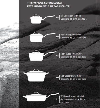 the Rock 10PC Non-Stick Cookware Set, Forged Aluminum, Black | Non-Stick Saucepans & Fry Pan. Rock.Tec Surface. Oven Safe. Even Heating. Everyday Cookware Set.4