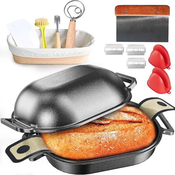 7.5QT Dutch Oven for Sourdough Bread Baking, Cast Iron Bread Pan with Lid | Advanced Multi-Functional Dutch Oven with Banneton Bread Proofing Basket & Baking Supplies, Cast Iron Bread Pan with Lid1