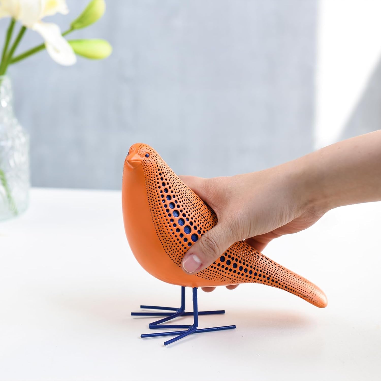 bird-figurine-modern-sculpture-and-statues-for-home-decor-animal-statues-for-bookshelf-table-entryway-fireplace-resin-decorative-sculpture-with-chic-polka-dots-art-design-orange