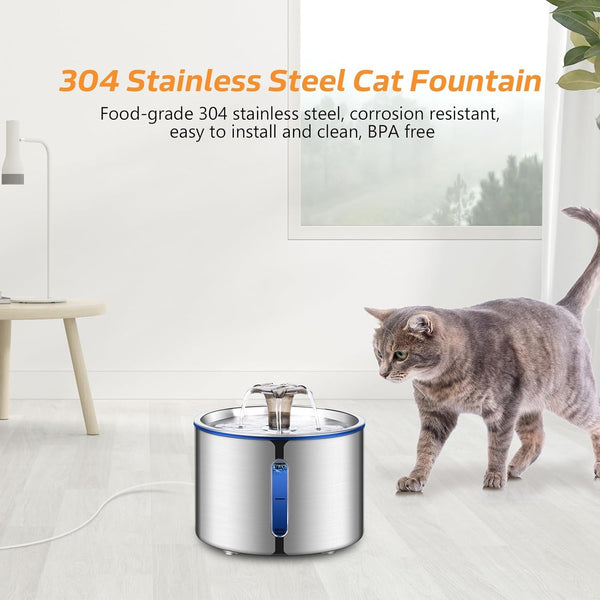 BOORCA Cat Fountain, 84Oz/2.5L Stainless Steel Pet Water Fountain, Automatic Dog Water Dispenser, Water Level Window, Ultra-Quiet Pump, Perfect for Cats, Dogs and Multiple Pets, 4 Filters2