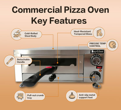 Electric Pizza Oven Indoor,12 Inch Countertop Pizza Maker with Viewing Window,Stainless Steel Commercial Pizza Oven, Removable Handle,Dual Baking Trays and Oven Mitts2