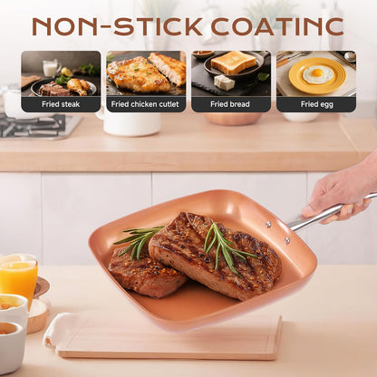 Non-Stick Copper Square Frying Pan, 12" Chef Skillet with Ceramic Coating, Oven Dishwasher Safe, Pfoa-Free, Home Use for All Stoves5