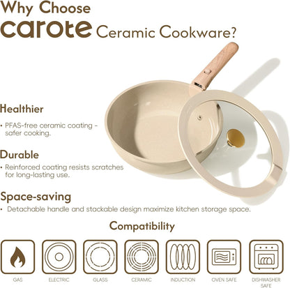 25Pcs Ceramic Cookware Set, Pots and Pans Set with Detachable Handle | Non-Stick, Non-Toxic, PFAS & PFOA Free, Induction Compatible, Dishwasher & Oven Safe, Space Saving, Camping Cooking, Oatmeal8