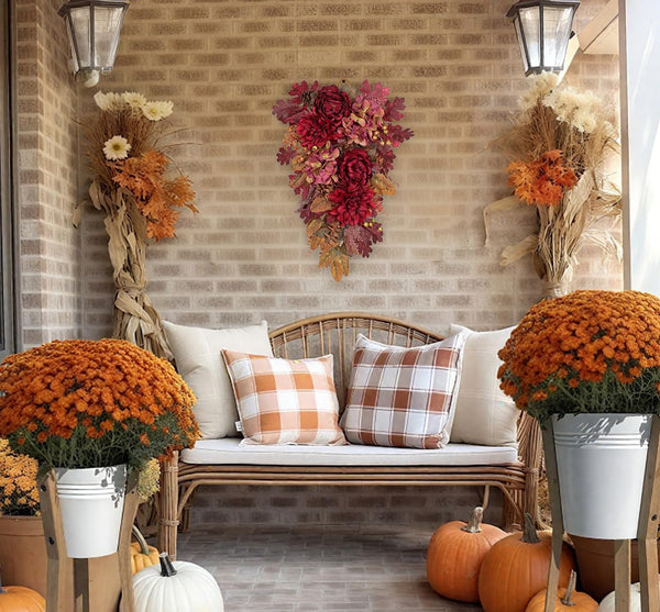 24" Fall Swag Fall Swags for Front Door Decorating Teardrop Swag with Red Hydrangea Peonies Dahlia Handmade Fake Autumn Wreath Outdoor Indoor Halloween Farmhouse Harvest Decorations for Home4