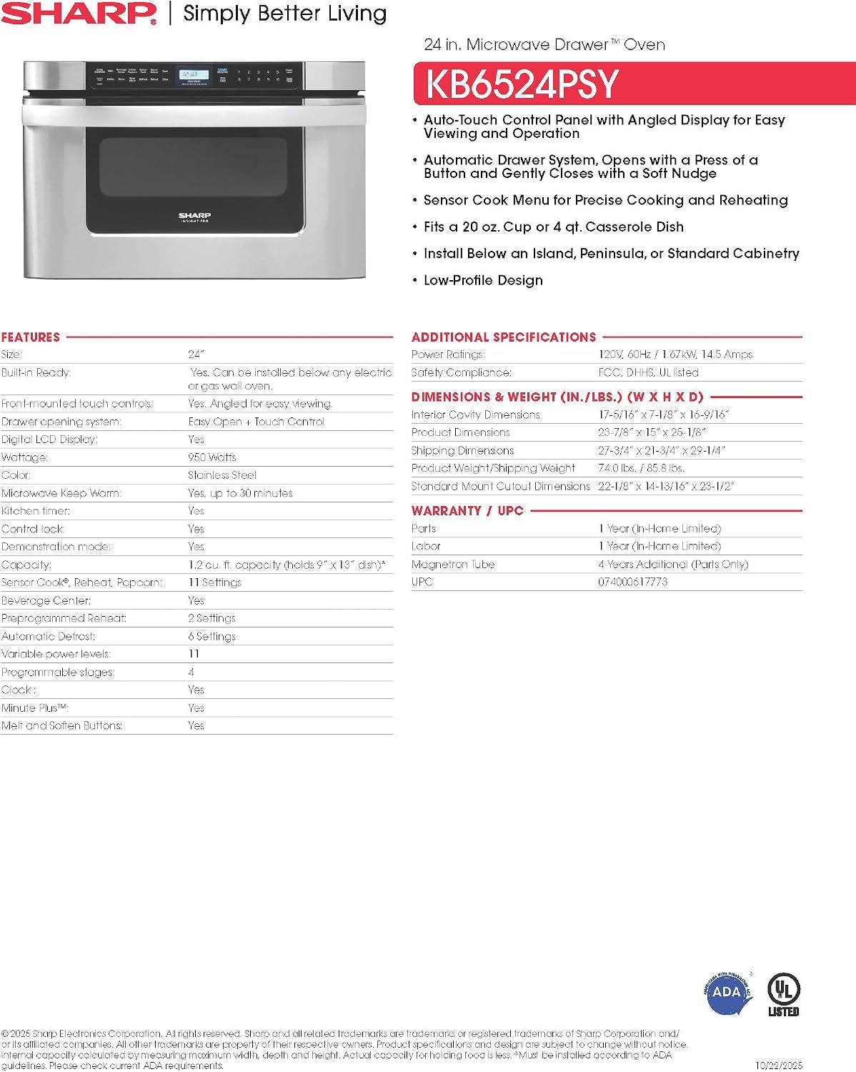 sharp-kb6524psy-24-in-1-2-cu-ft-built-in-microwave-drawer-oven-1-2-cubic-feet-950-watt-angled-touch-control-panel