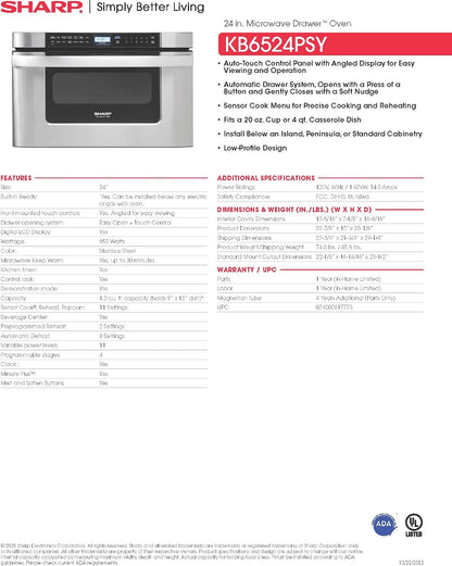 Sharp KB6524PSY 24 In. 1.2 Cu. Ft. Built-In Microwave Drawer Oven | 1.2 Cubic Feet, 950 Watt, Angled Touch Control Panel10