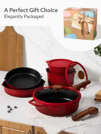 20Pcs Titanium Cookware Set, Pots and Pans Set Detachable Handle | Non-Stick, Non-Toxic, Induction Compatible, Dishwasher & Oven Safe, Space Saving, Camping Cooking, Red8