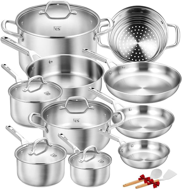 Stainless Steel Cookware Set 17 Piece with 5 Layer Base, Professional 18/10 Stainless Steel Pots and Pans Set, Oven Safe, Induction Ready, Non-Toxic Kitchen Cookware Set1