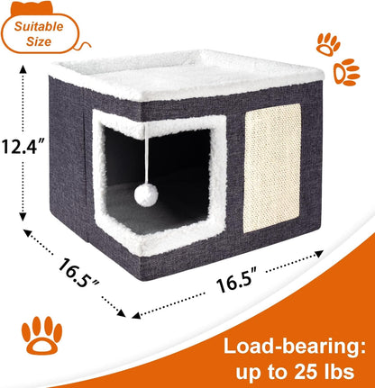 Loyareal Cat Houses for Indoor Cats - Large Cat Bed Cave with Scratch Pad and Fluffy Ball, Foldable Cat Condo Hideaway with Reversible Cushion for Multi Small Pet, Dark Grey3