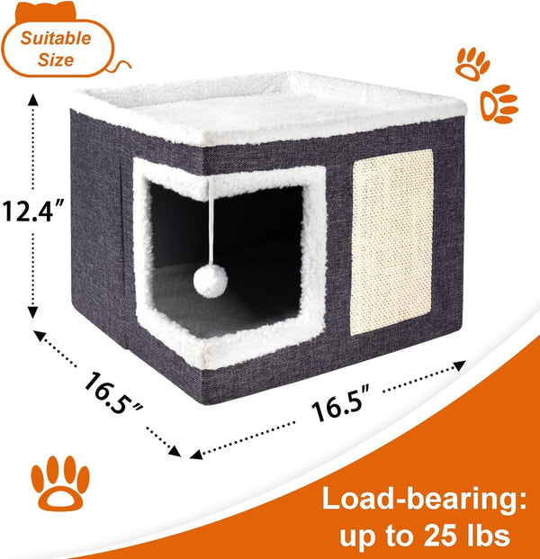 Loyareal Cat Houses for Indoor Cats - Large Cat Bed Cave with Scratch Pad and Fluffy Ball, Foldable Cat Condo Hideaway with Reversible Cushion for Multi Small Pet, Dark Grey3