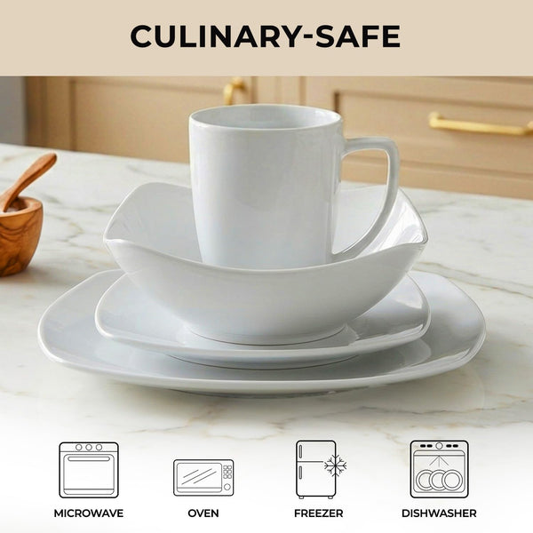 Luna Plates and Bowls Sets, 16 Piece Modern Porcelain Dish Set for 4, Chip and Scratch Resistant Square Dinnerware Set, Microwave and Dishwasher Safe, Pearl White4