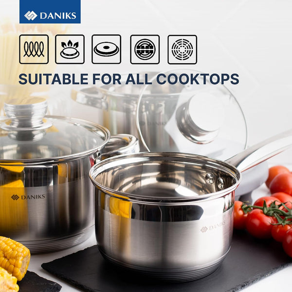 Standard 11-Piece Stainless Steel Cookware Set with Glass Lids, Includes Saucepan with Lid and Frying Pan, Tri-Ply Bases for Even Heating, Induction Compatible, Dishwasher Safe, Silver8