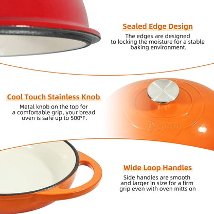 11" X 8.7" Oval Bread Oven with Domed Lid, Enameled Oval Dutch Oven Pot for Sourdough Bread Baking 6QT, Non-Stick Cast Iron Sourdough Pan Bread Cloche with Lid - Flame Orange6